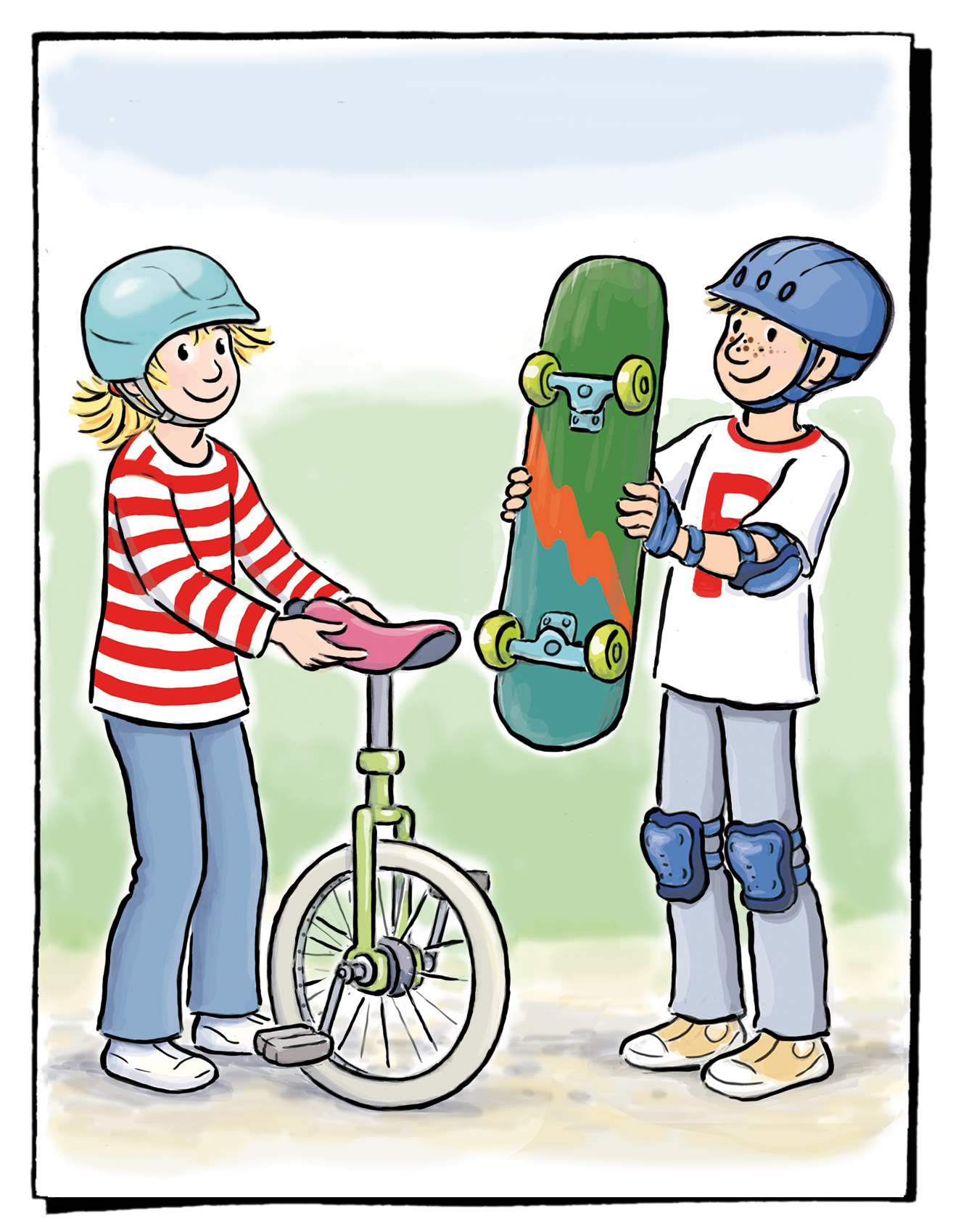 Conni und Paul mit Einrad und Skateboard