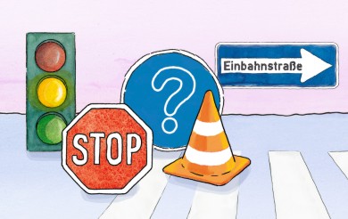 Auf der Grafik sieht man eine Ampel, ein Stop-Zeichen, Ein Straßenschild mit einem Fragezeichen, Ein Einbahnstraßenschild und ein Verkehrshütchen